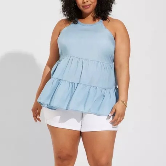 NWT Torrid Chambray Halter Neck Tiered Sleeveless Top Tencel Light Blue 00X - Picture 3 of 7